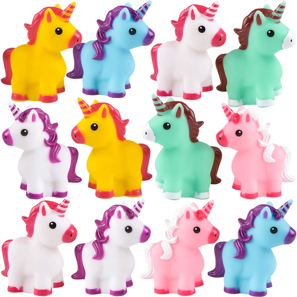 Mini Unicorn Toy Figures - (Pack of 12) Squirt Bath Tub Toy for Kids, Squeezable and Squirtable Figurine Party Favor Supplies, Goodie Bag Fillers and Stocking Stuffers